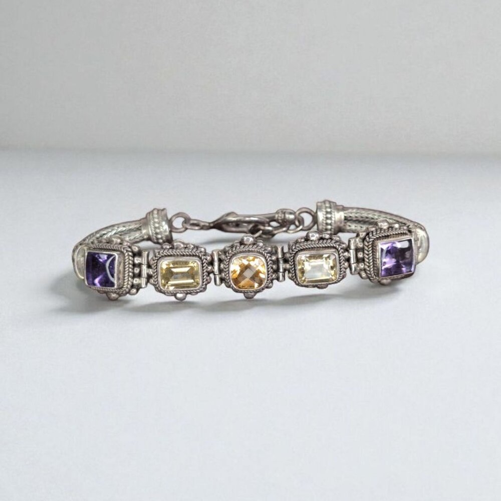 Sterling Silver Gemstone Bracelet Signed Bali Indonesia Citrine Amethyst Peridot